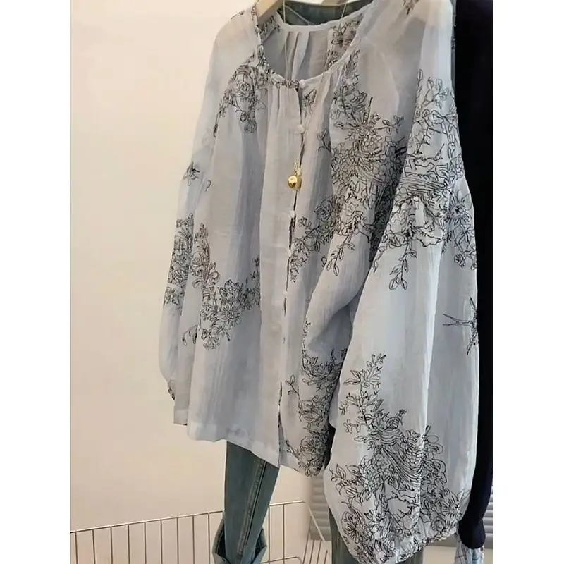 

Женский топ с темпераментным принтом, летняя мода 2025 года, универсальная свободная рубашка с длинными рукавами и принтом