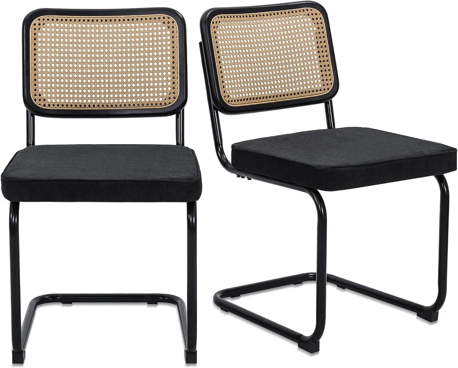 

Set of 2, Handwoven Rattan Cane Back, Chrome Base, Upholstered Cotton Seat, Ideal for Kitchen or Dining Room, Black