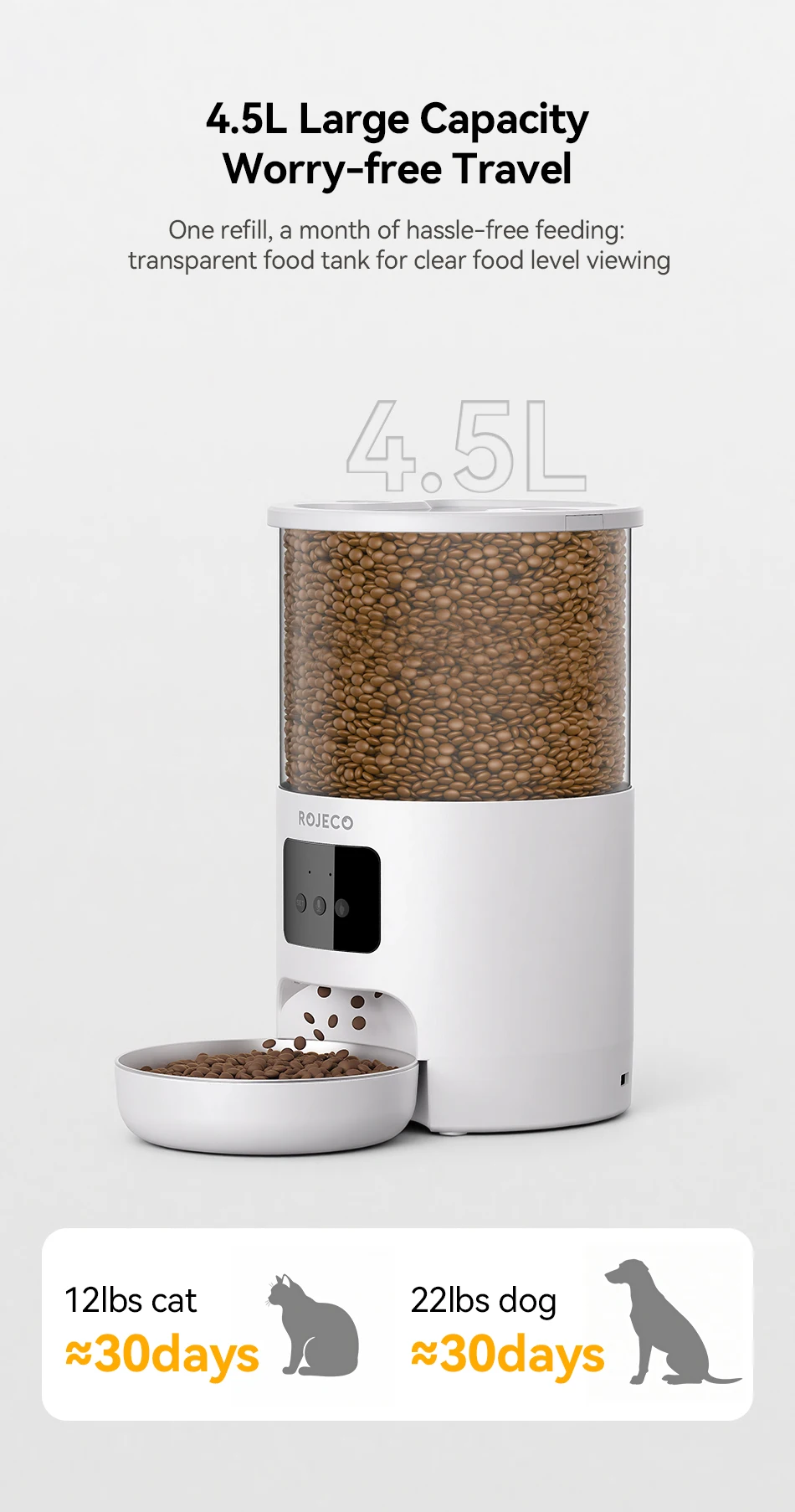 ROJECO 4,5 l automatischer Katzenfutterspender aus Edelstahl, WiFi-App, Fernbedienung, Sprachaufzeichnung, intelligenter Hundefutterspender, Heimtierbedarf – Detail 10