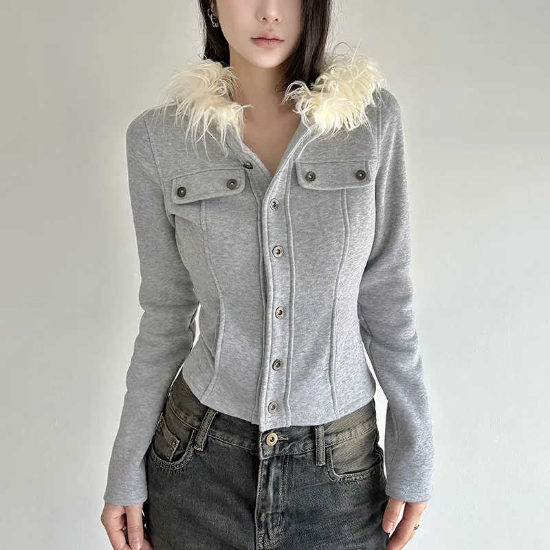 

Autumn and winter new basic solid color split design open button fake fur hooded jacket
