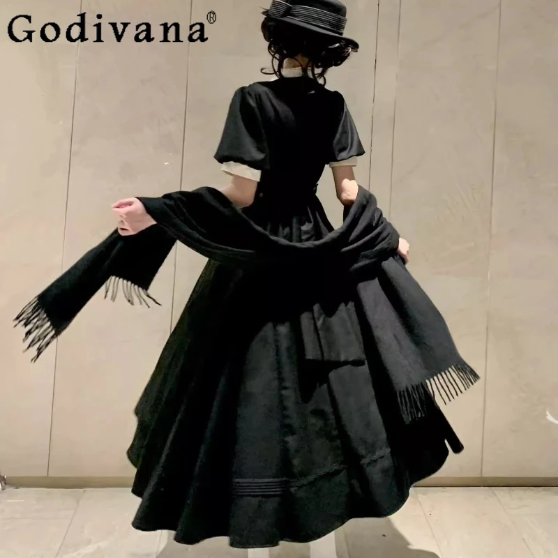 الفتيات لوليتا قرصة الخصر فستان القوطية نمط ثقافة فرعية أسود داكن فستان المرأة الربيع الصيف ألف خط القوس طوق فستان طويل