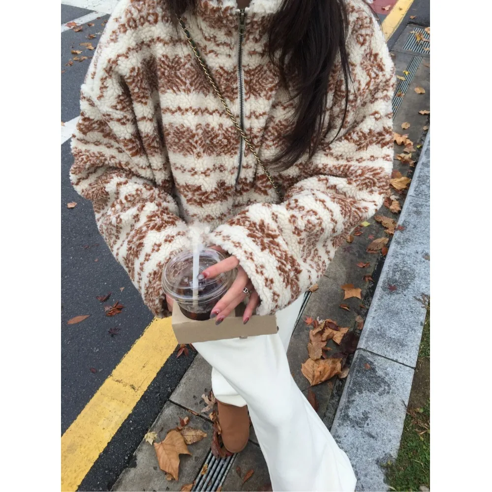 Jaet de piel de cordero Retro elegante para mujer, ropa de abrigo cálida holgada con cremallera, estilo coreano, corte Regular, para escuela y calle, Otoño e Invierno