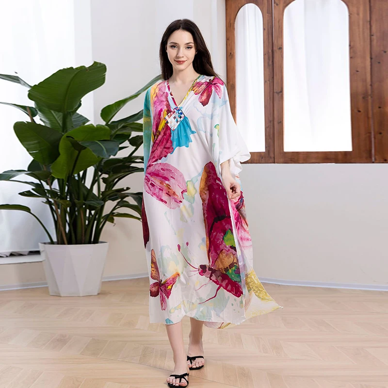 Robe Maxi à Fleurs Abstraites pour Femme, Tenue de Style Boho Artistique, Longue et Colorée, Caftan avec Interconnexion Florale