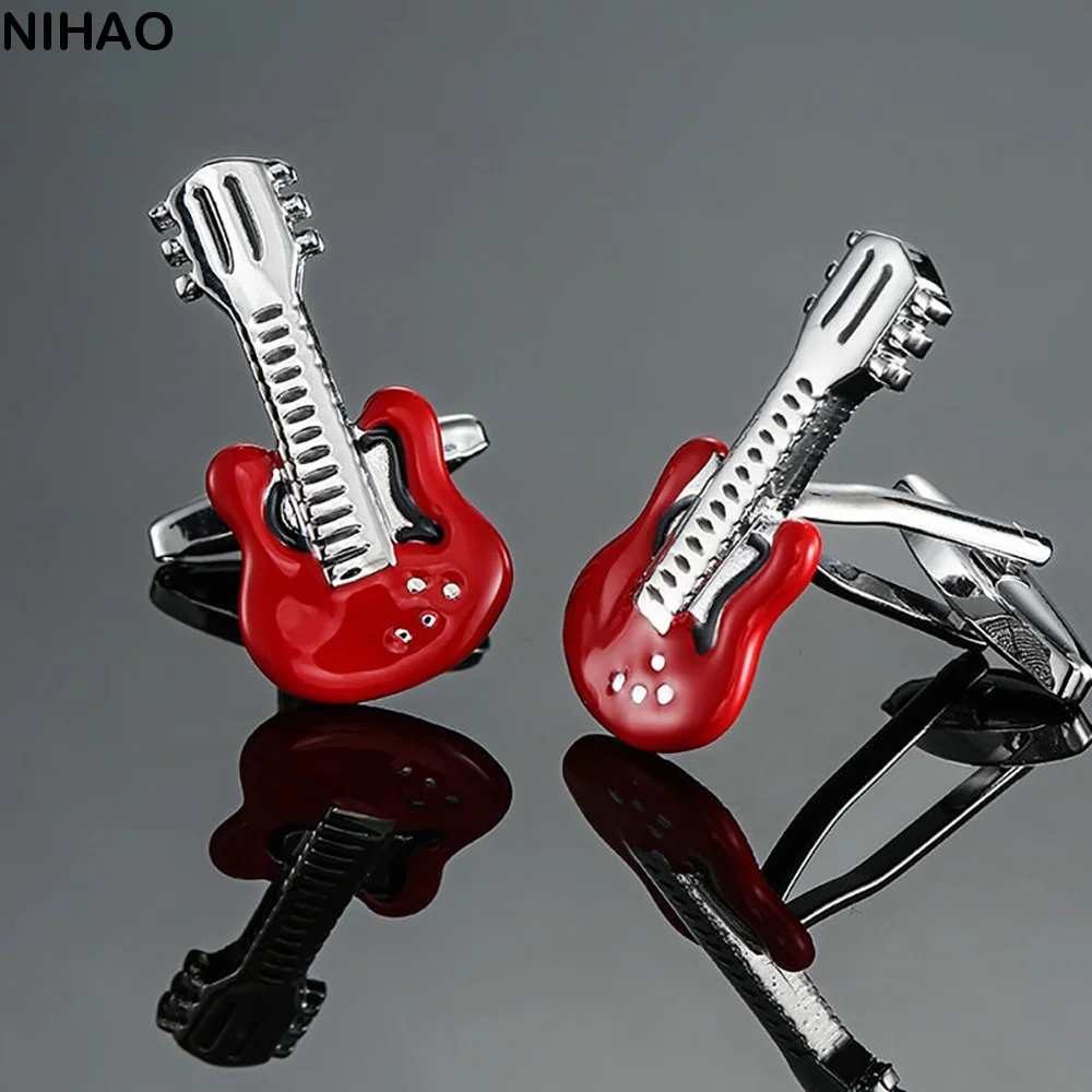 Gemelos de guitarra con clave de sol, notas musicales de tambor y saxofón, serie de instrumentos musicales punk y hip hop para hombre