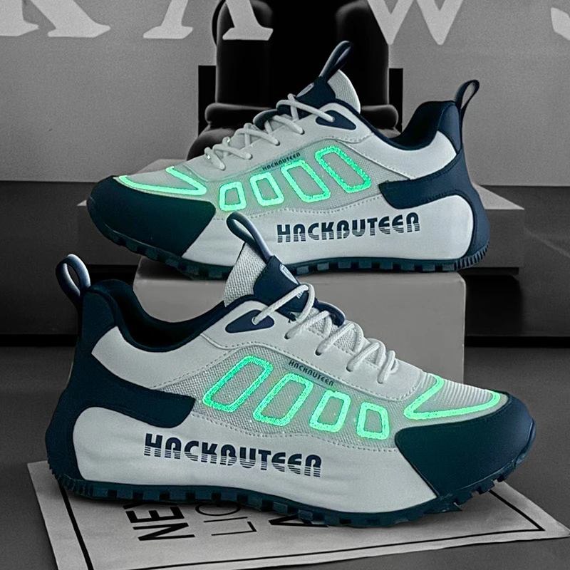 Sneakers lumineuses pour hommes |   Chaussures décontractées en maille respirante blanches et bleues, baskets antidérapantes pour la marche en plein air