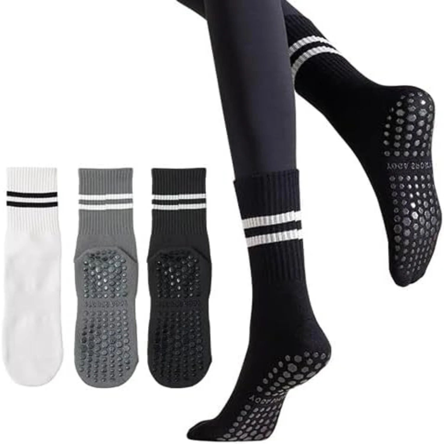 High-Quality, Stylish, and Comfortable Set of 3 Women's Non-Slip Pilates Socks with Grips - Perfect for Gym, Barre, Yoga, and Pi