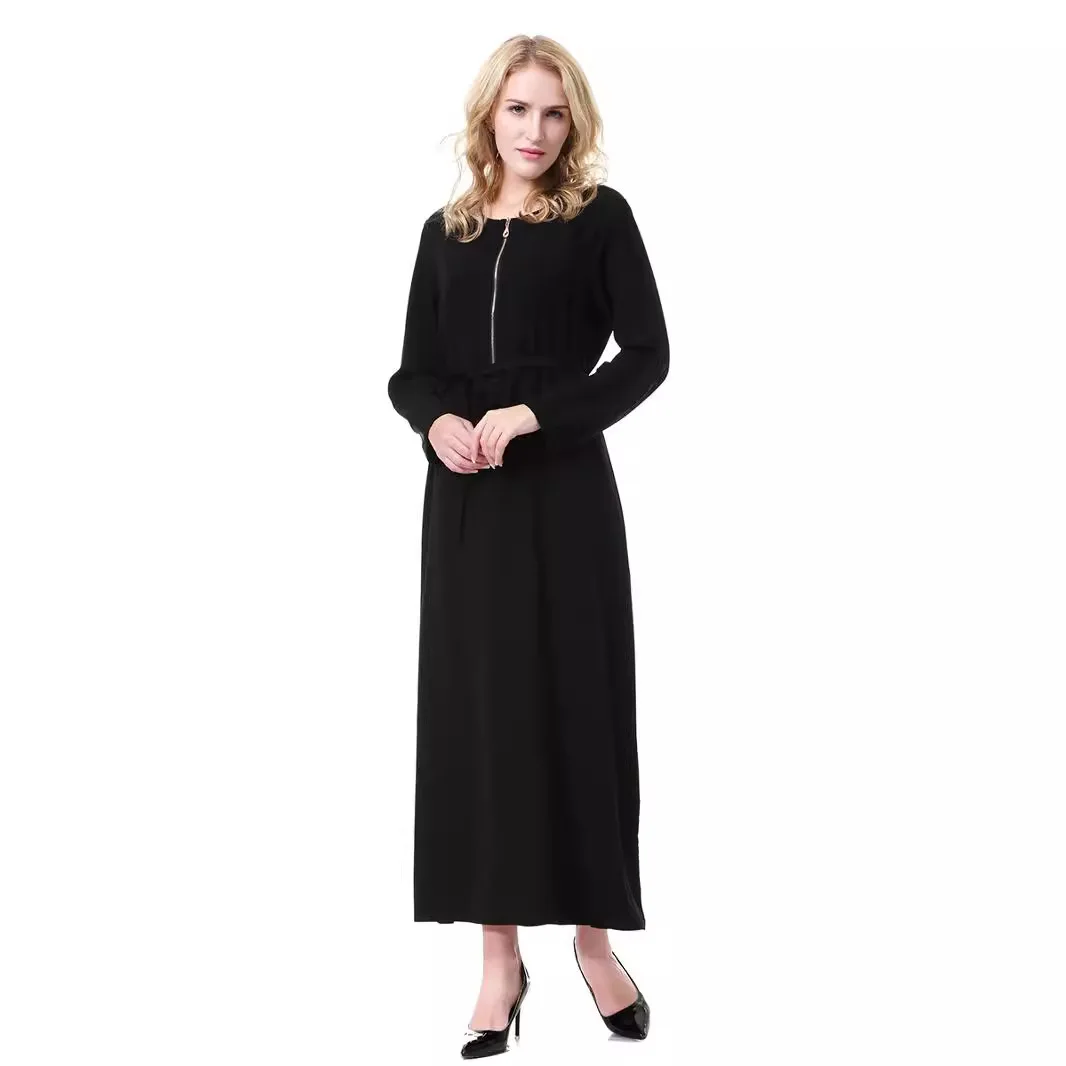 Women's Solid Color Casual Trendy Long Sleeve O-neck Zipper Sashes Ankle Length Dresses Female Clothes Arab Muslim New Fashion