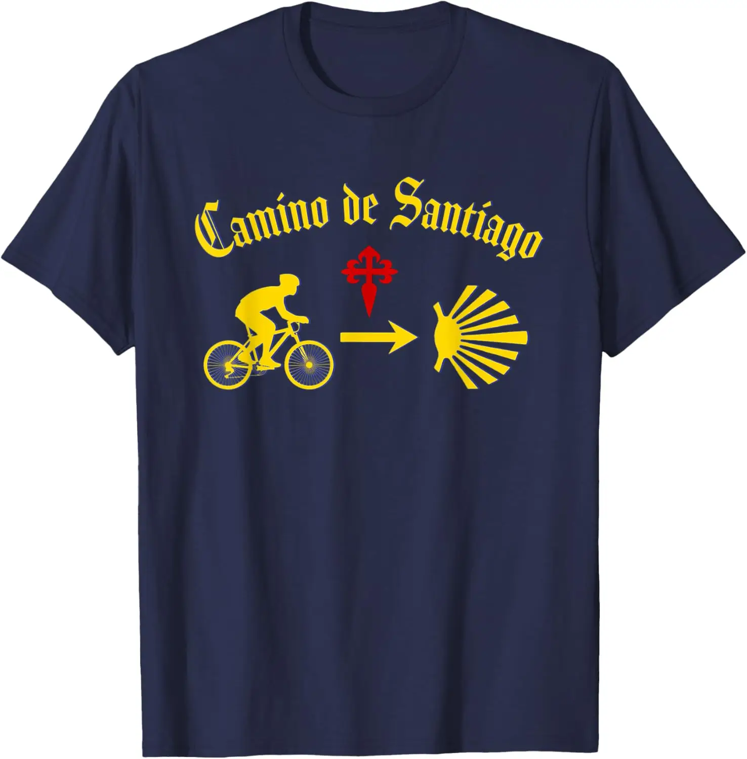 Camino de Santiago Man Riding Bicycle Yellow Arrow Scallop T-Shirt Short Sleeve Casual 100% Cotton Shirt