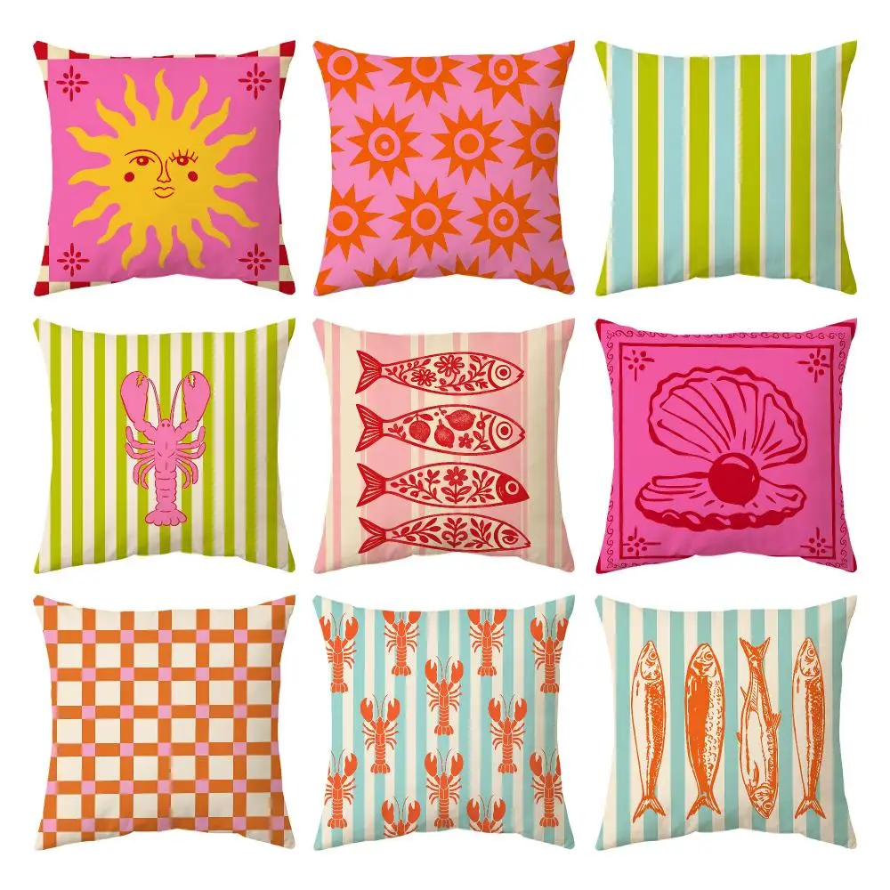 Maximalist Lobster Sun Design Cushion Cover Breathable Cool Natural Durable Linen Printed Pillow Case Decor Sofa Bedroom