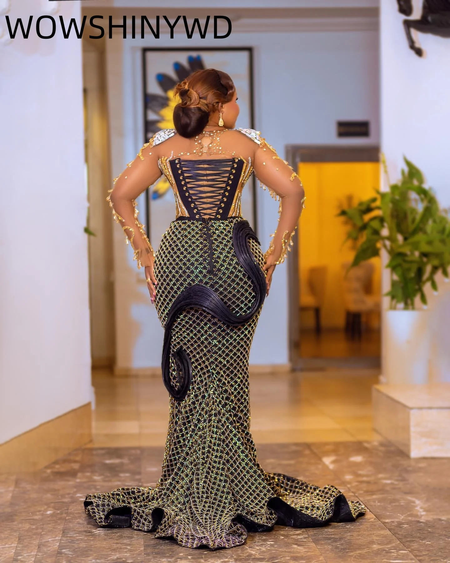 Customized 2024 Black Gold Mermaid Prom Dresses Rhinestones Beaded Evening Formal Party Second Birthday Gowns Dresses ZJ125
