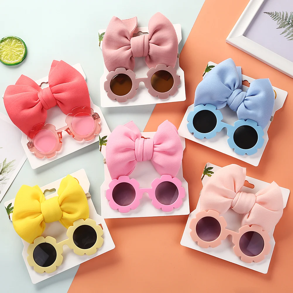 2Pcs/Set Puff Bow Baby Headband Sunglasses Matte Flower UV400 Sun Glasses Eye Wear Elastic Nylon Hair Bands Seaside Headdress