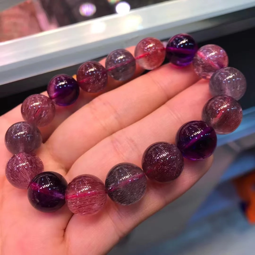 Natural Colorful Super 7 Seven Red Lepidocrocite Quartz Bracelet 12.5mm Woman Men Rutilated Quartz Clear Round Beads AAAAAAA