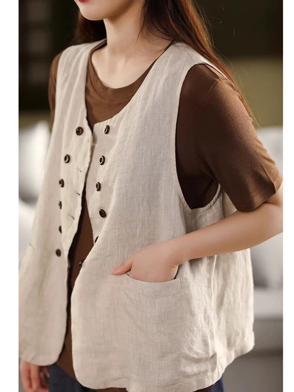 

Свободный женский топ из хлопка и льна с двумя пуговицами, верхняя одежда с длинными пуговицами, художественная одежда, удобный крой, круглый летний топ...