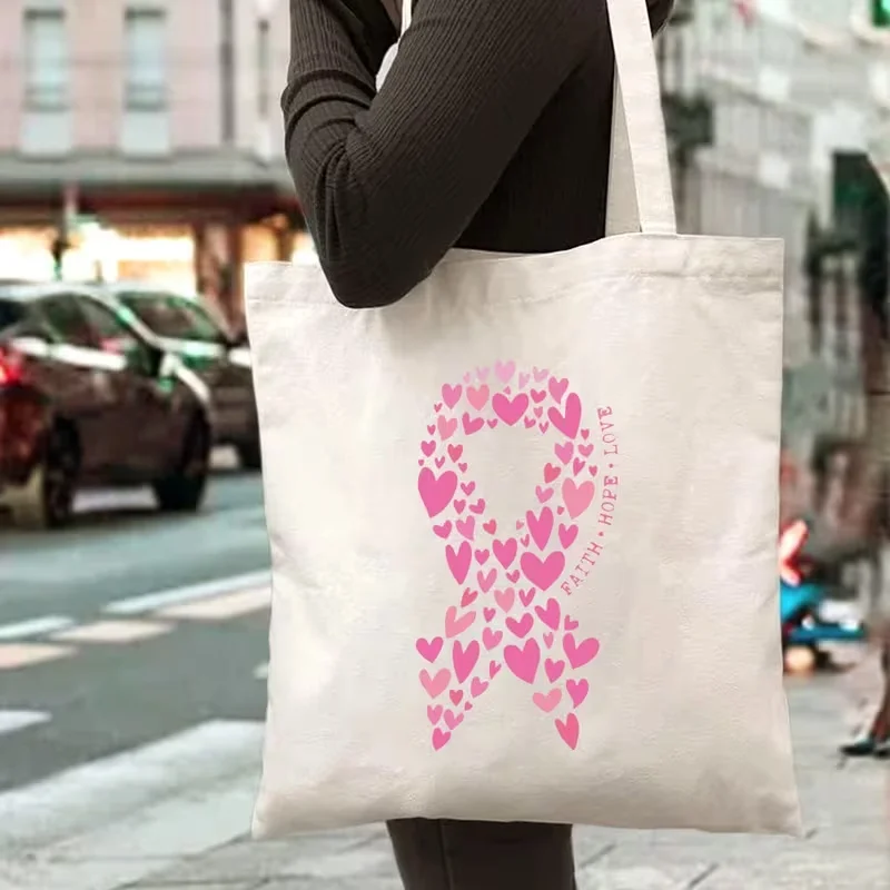 

1 Set Pink Breast Cancer Awareness Printed Tote Women's Fashion Cosmetic Bag Eco Large Capacity Portable Shopping Bag Purse