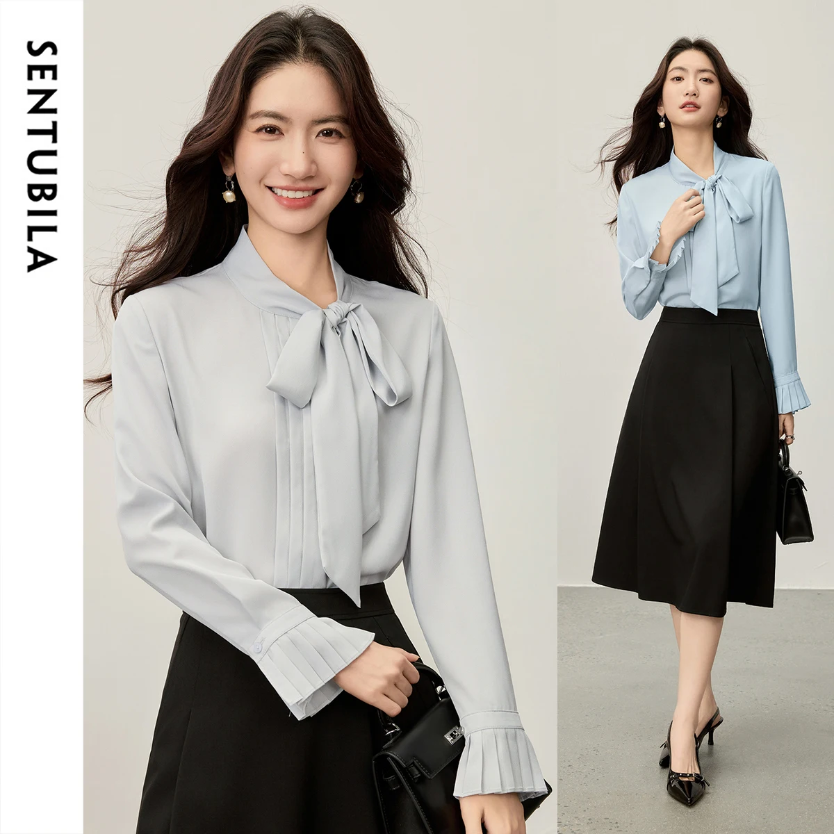 

SENTUBILA Women Blouse 2025 Autumn Elegant Office Chiffon Shirt with Bow Tie Neck Ruffle Pleated Design Top for Lady 153VC1989