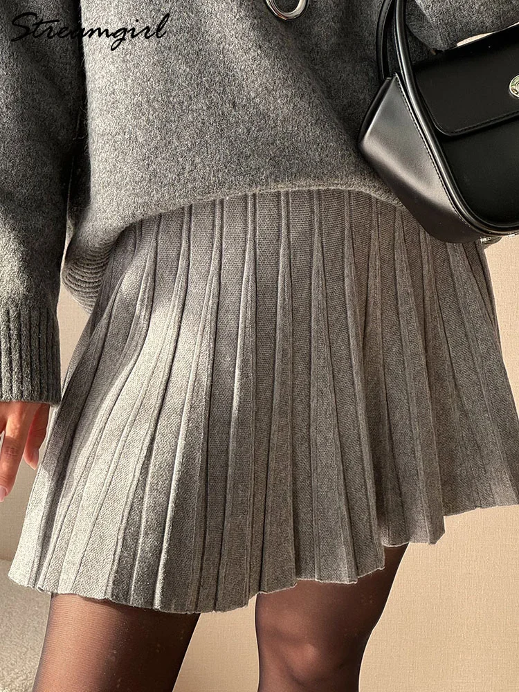 Knit Black Mini Pleated Skirts For Women A Line Winter Short Skirt Lady Gray High Waist Women Knitted Pleated Mini Skirt White