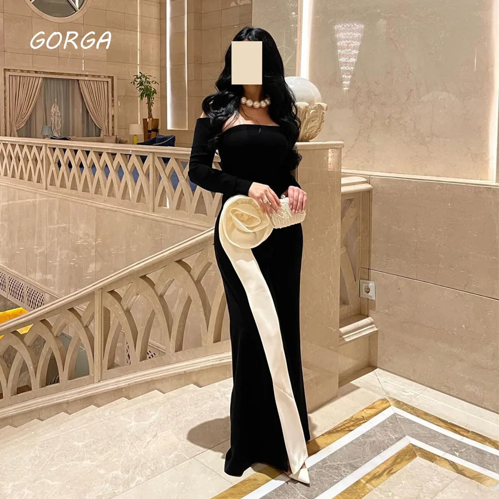 GORGA Black 3D Flowers StraplessMermaid 2024 Slim Crepe Long Sleeve Ocassion Gown Floor-Length Formal Evening Dress