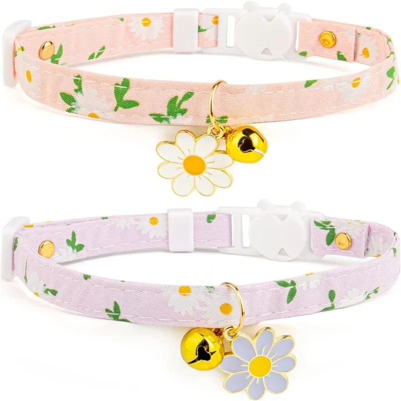 2 Pack Cotton Breakaway Cat Collar with Bell Pink Purple Flowers Pendant Cute Kitten Cat Collar Suitable For Girls And Boys