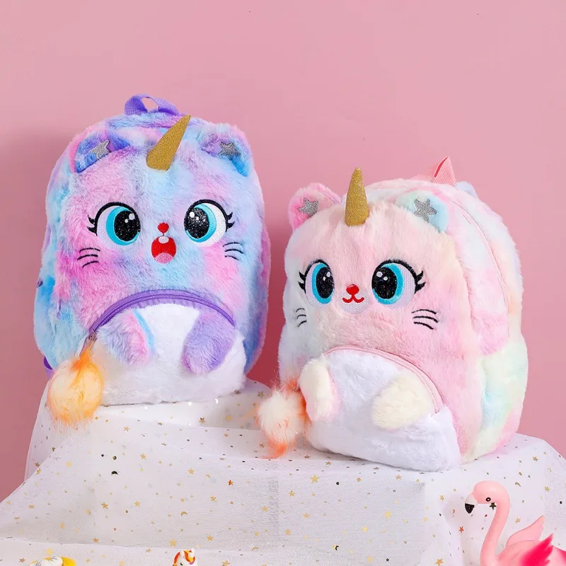 Cartoon Plush Big Eyes Backpack, Little Princess Cat Bag, Kindergarten School Bag, Unicorn Mochilas para Toddler Girls