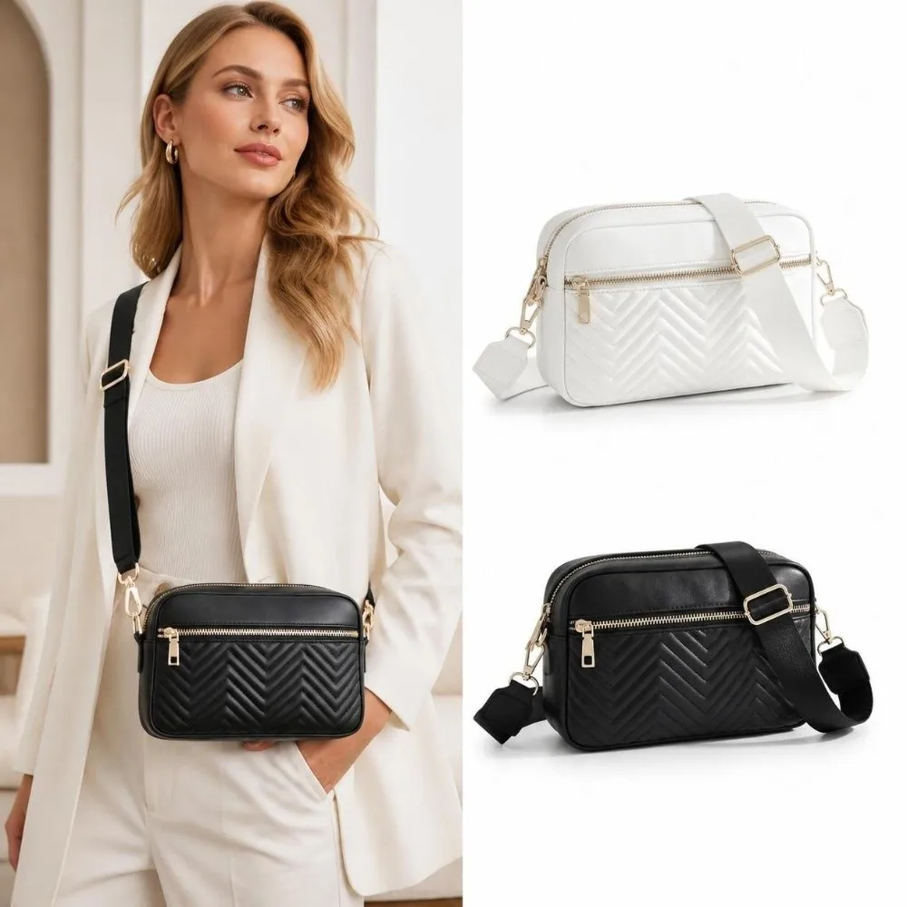 New PU Leather Crossbody Bag Wide Shoulder Strap Large Capacity Women Handbag Multi-Zipper Shoulder Bag Women