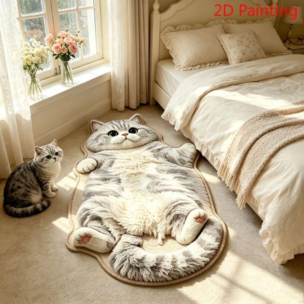 Cute Simulated Kitten Cat-Shaped Area Rug Anti-fouling Easy to Clean Cartoon Carpet Non-Slip Soft Home Decor Carpet Bedrooms