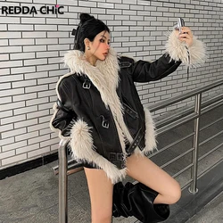 REDDACHiC Faux Fur Collar Buckle Belt Leather Bomber Jacket Women Biker Moto Distressed Black Winter Coat Alt Grunge Streetwear