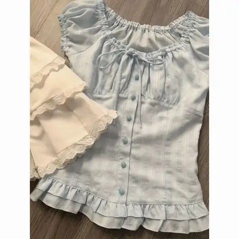 달콤한 신선한 프렌치 퍼프 반팔 프릴 셔츠 여성 여름 하이 엔드 허리 슬리밍 기질 싱글 브레스트 블라우스