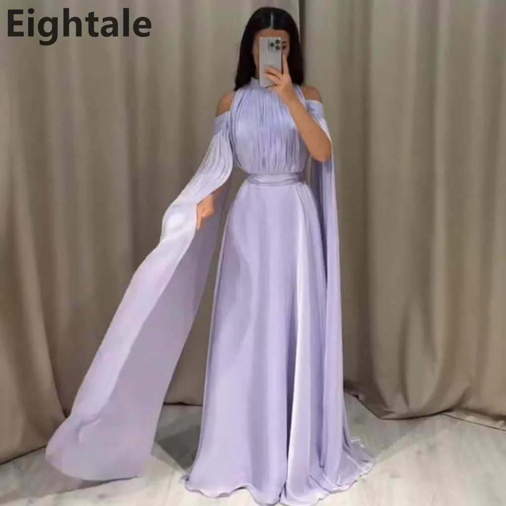 

Eightale 2025 Lavender A Line Halter Neck Silk Satin Pleated Evening Dress Saudi Arabic Prom Dress Dubai Party Gown Customized