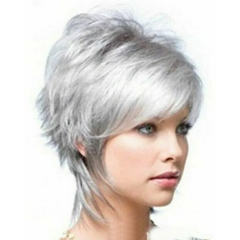 

Модный новый очаровательный женский короткий серебристо-серый полный парик/парики