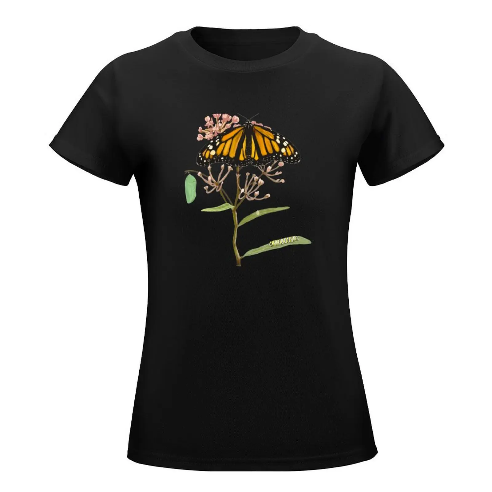 Monarch Butterfly Life Cycle Illustrated on Milkweed T-Shirt anime quick-drying t shirts for Womens