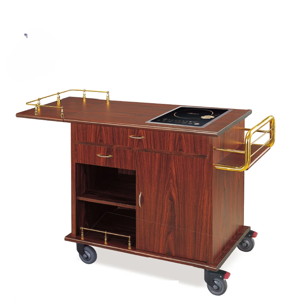 Hotel solid wood four wheels cooking cart flambe trolley