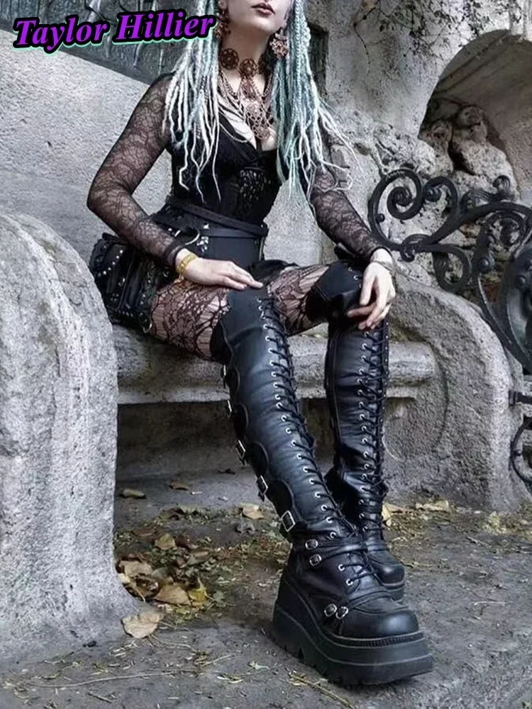 Готические ботинки Y2K с квадратным носком в стиле панк Botas на шнуровке, горячие туфли на квадратном каблуке с боковой молнией и пряжкой, черный рок, 9,5 см, туфли до колена