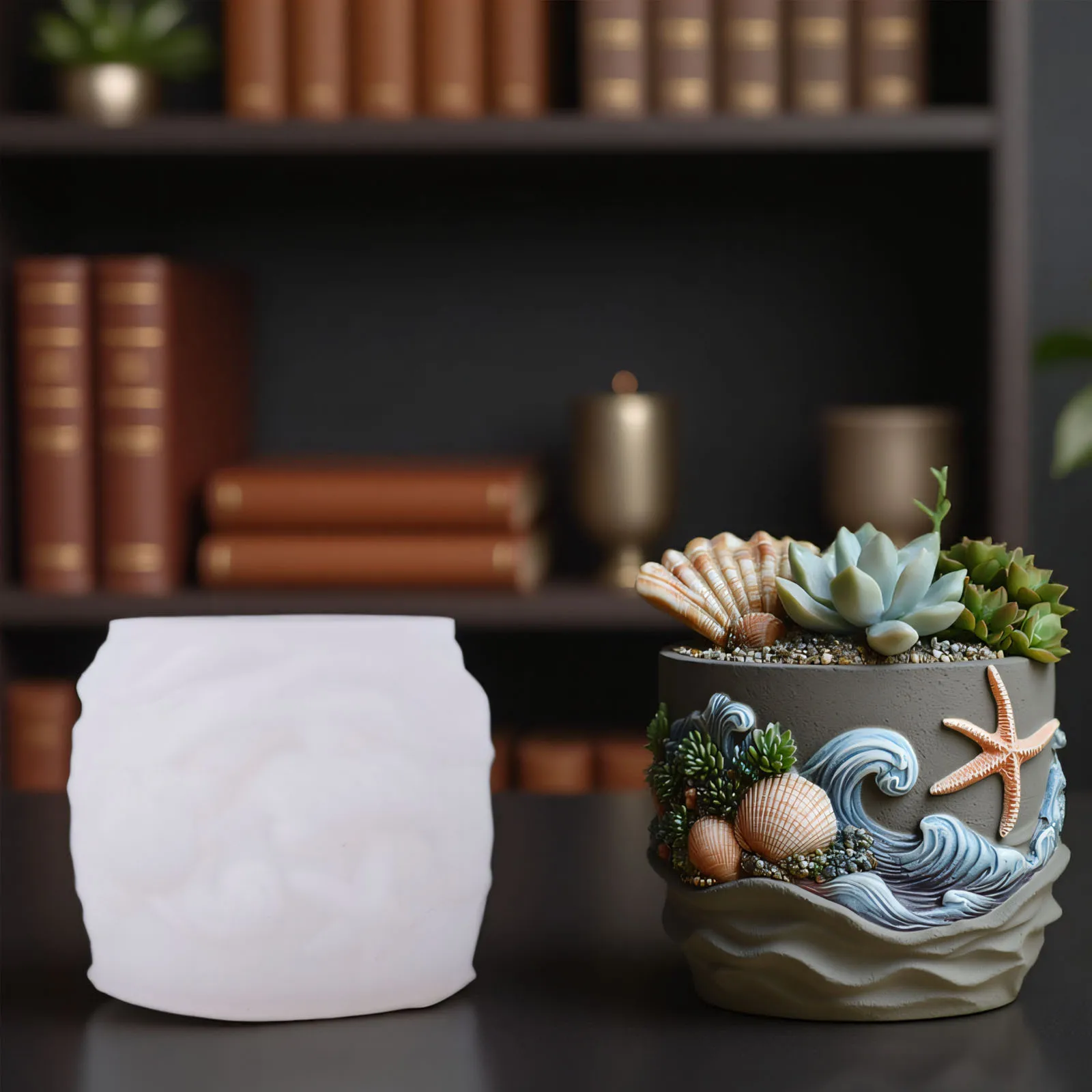 2027 Marine Life Relief Succulent Plant Flowerpot Resin Silicone Mold Shell Starfish Relief Storage Box Candle Cup Gypsum Cement