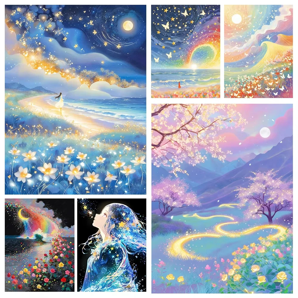 5D DIY Anime Landschaft Diamantmalerei Neuer Stil Nachtsky-Kreuzstich-Set Voll-Diamant-Stickerei Heimdekoration Geschenk