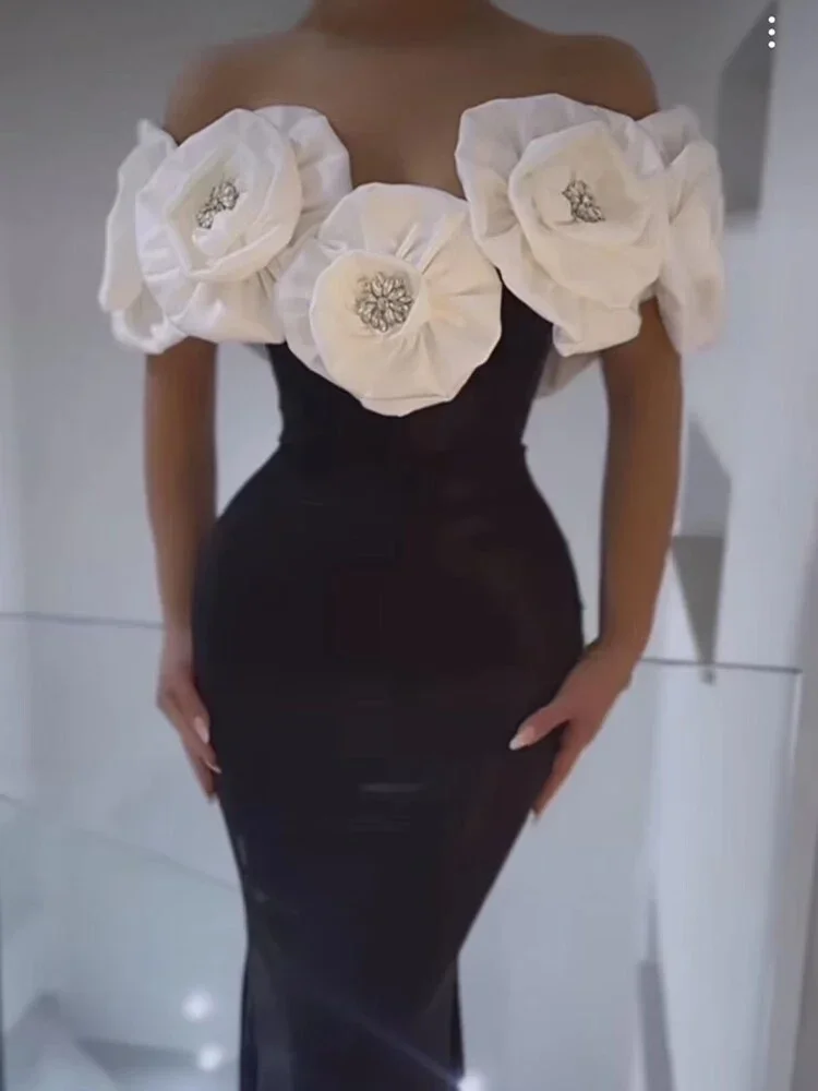 섹시한 Strapless 3D 꽃 디자인 붕대 드레스 여성 블랙 민소매 Backless Bodycon 긴 드레스 연예인 파티 이브닝 ​​가운