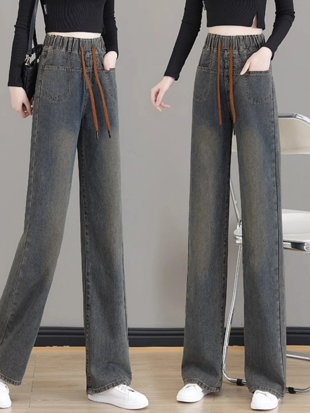 

Thiened Fce Women's Straight Leg Jeans High Waist Retro Slim Fit Wide Leg Pants Spring Autumn Cement ey New Arrival