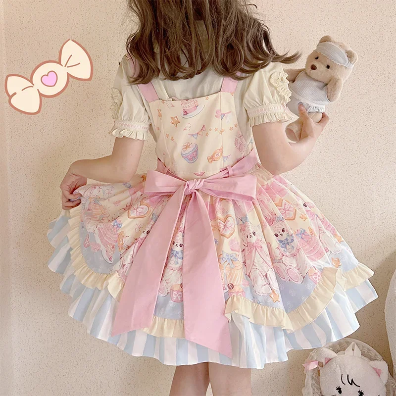 Japanese Sweet Lolita OP Dress Summer Girls Cute Lace Bow Strawberry Bunny Tea Party Dresses Women Harajuku Kawaii Chic Vestidos