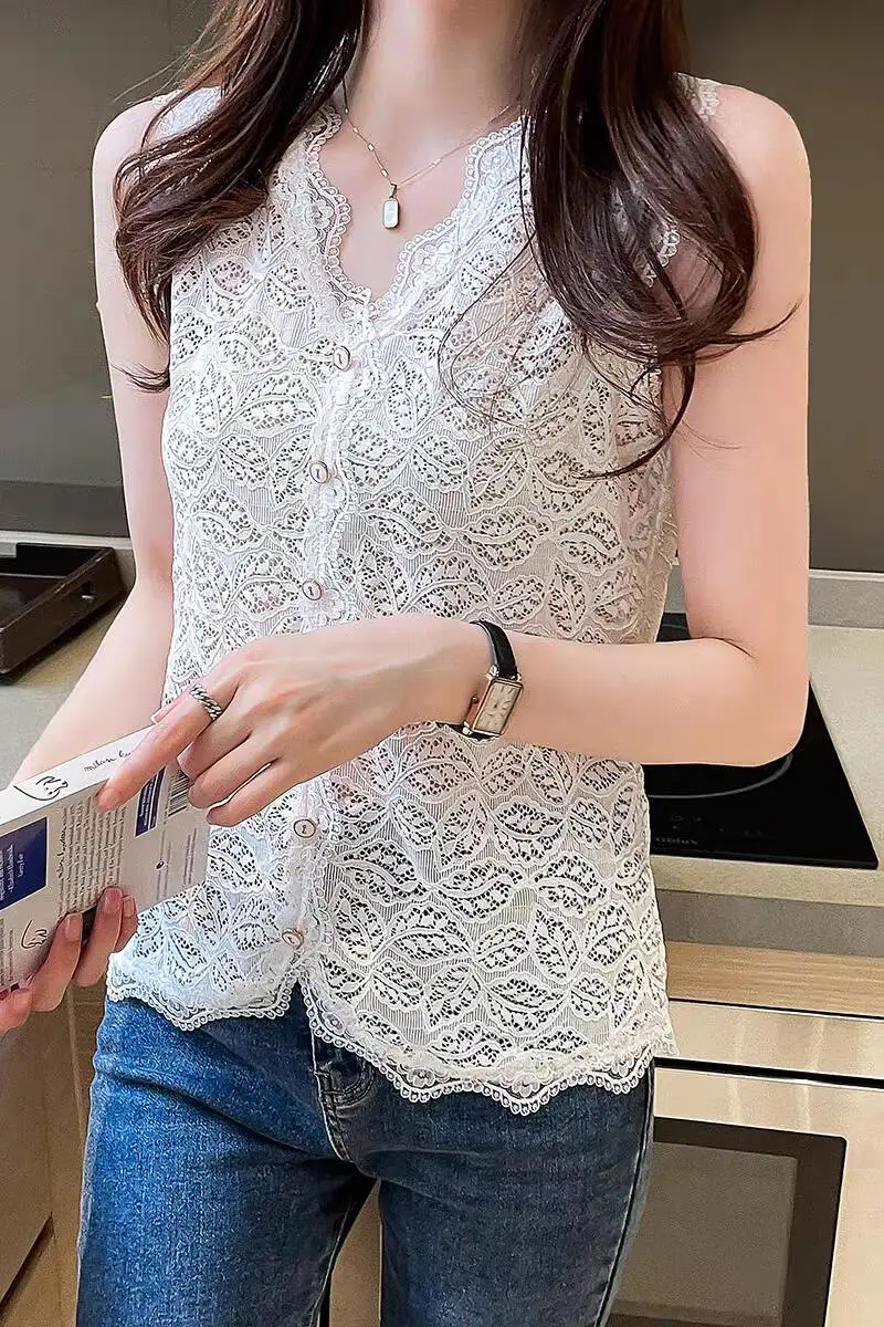 2024 Pullover All-match Lace V-neck Female Spring Summer Charming Fashion Tank Tops Solid Woman M-3XL Sleeveless Slim