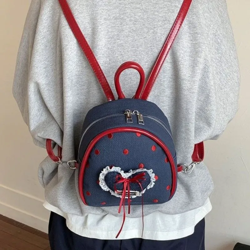 

Японский милый милый рюкзак с бантом, женский кружевной рюкзак в горошек, маленькая вместительная сумка, женская сумка в стиле Харадзюку, темно-синий Mochilas Mujer 2025