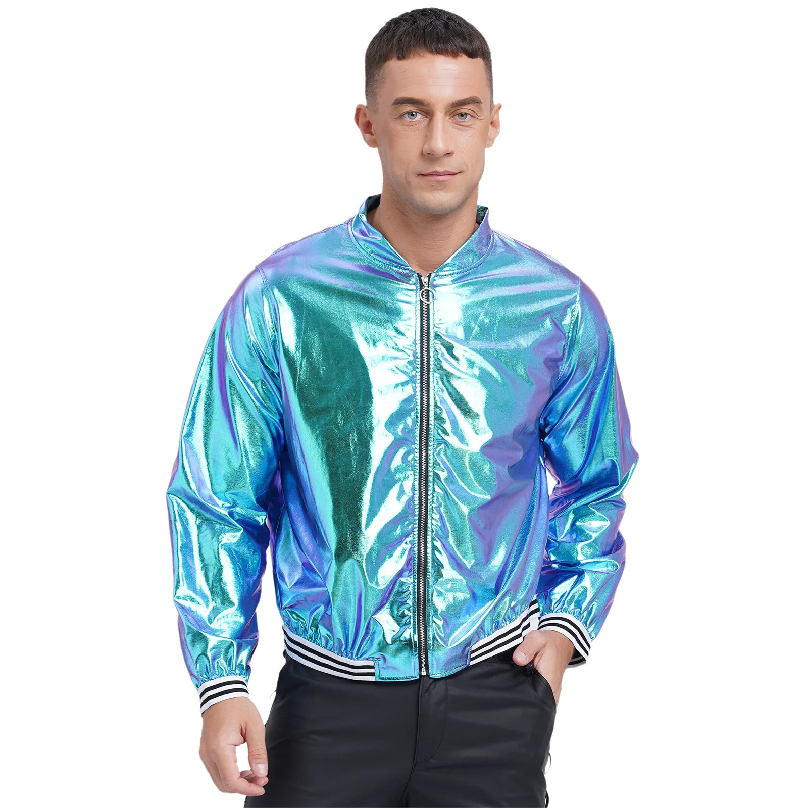 Fashionable Shiny Jacket Men Baseball Bomber Jacket Coat Long Sleeve Striped Band Outerwear Disco Party Club Bar Outfits