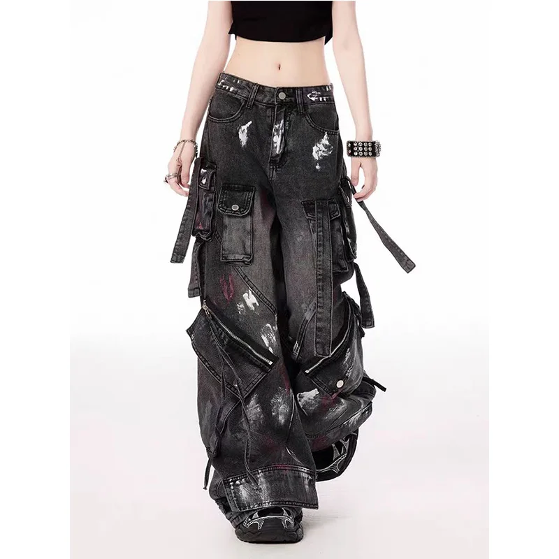 

Y2K Harajuku Gothic Multi-Pocket Washed Black Jeans Men And Women Retro Heavy Industry Drag Pants Street Hip Hop Wide Leg Pants