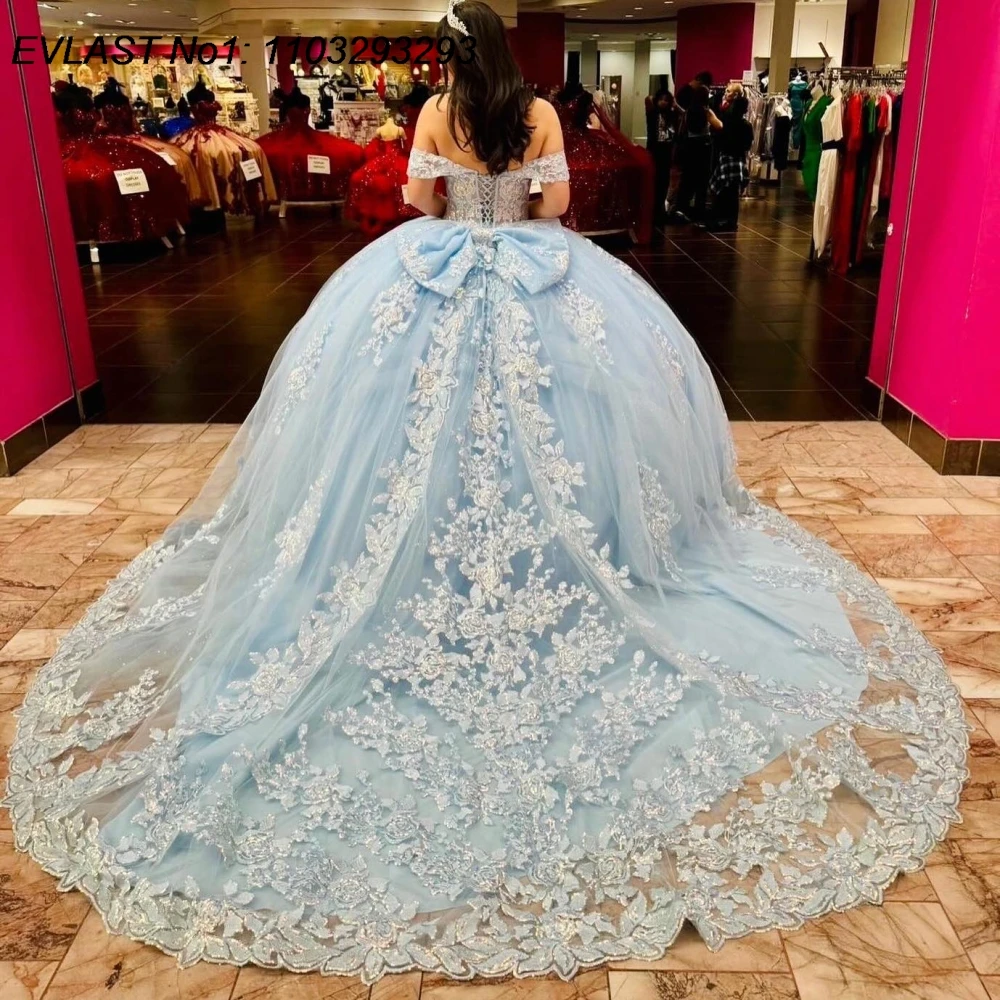 EVLAST Maßgeschneidertes glitzerndes himmelblaues Ballkleid-Quinceanera-Kleid, Spitzenapplikation, Perlenkorsett, Sweet 16, Vestidos De 15 Anos E1Q966