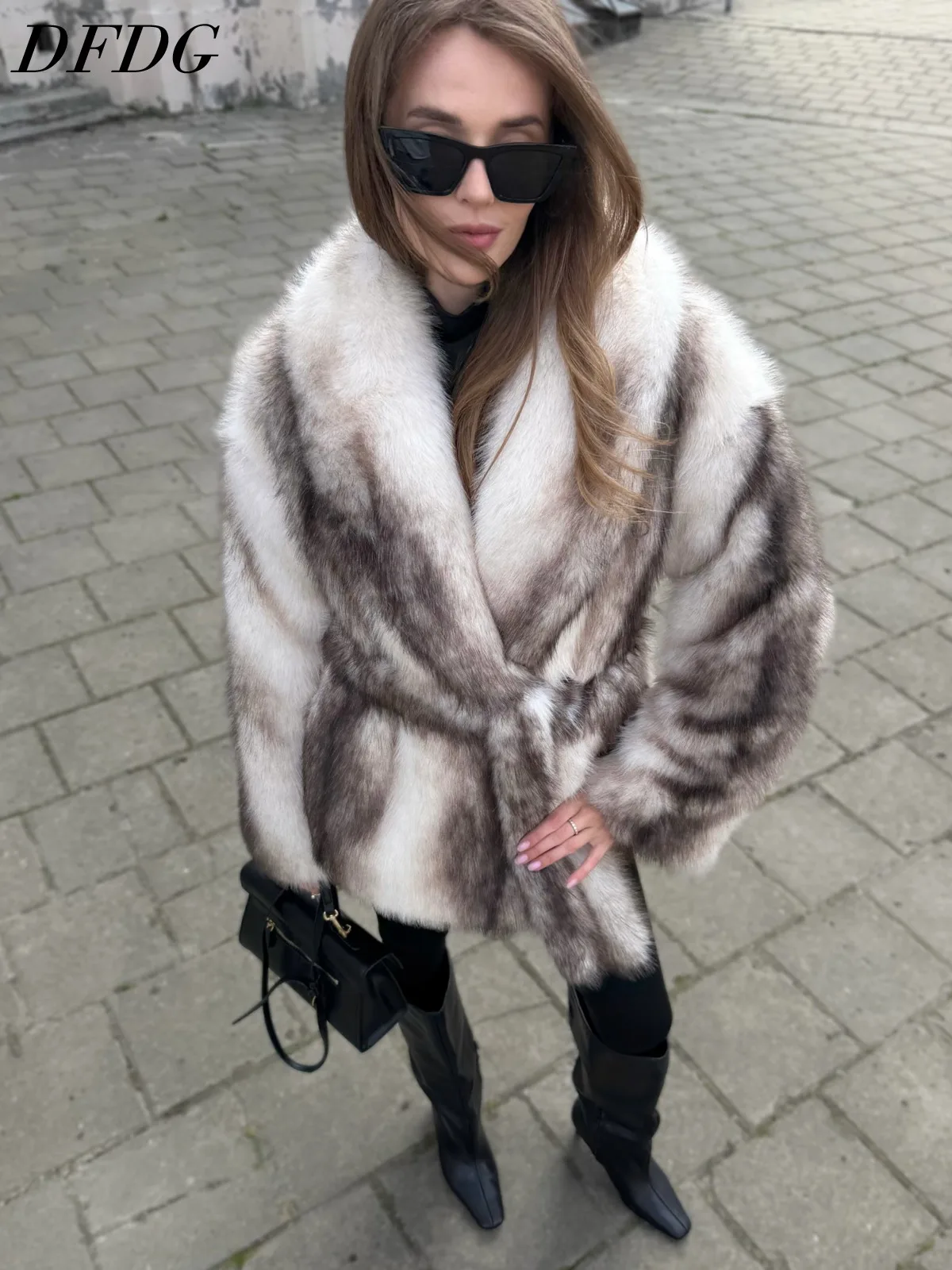 DFDG Women 2026 Faux Fur Mid Length Coat Wide Shawl Collar Wrap Design Fluffy Plush Thick Warm Luxury Winter Street Outerwear