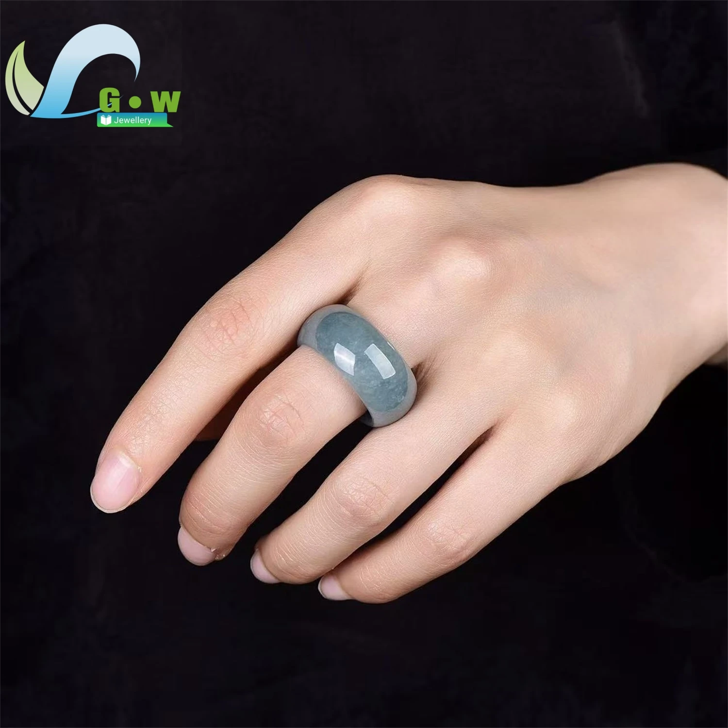 Natural A Grade Jadeite Blue Water Wide Band Ring Unisex Daily Classic Minimalist Style Ethnic Style Jewelry Gift