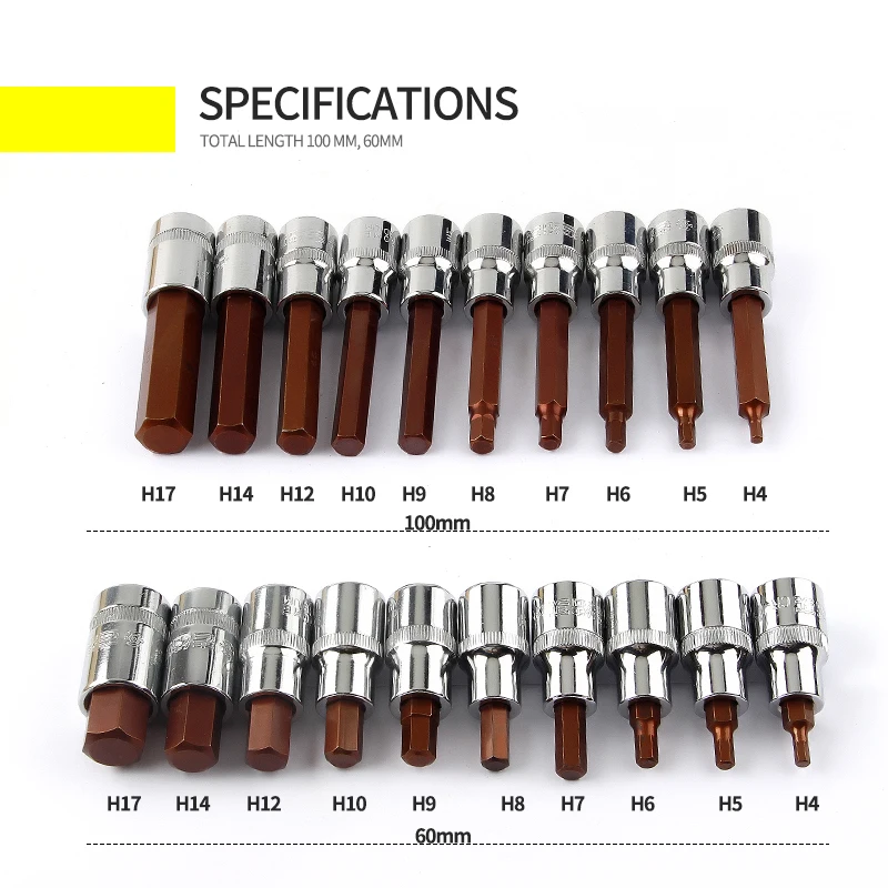 1/2 Hex Bit Socket 1Pcs S2 Hexgon Bits Adapter Allen Key for Torque Spanner Ratchet Socket Wrench H4/H5/H6/H7/H8/H10/H12/H14/H17