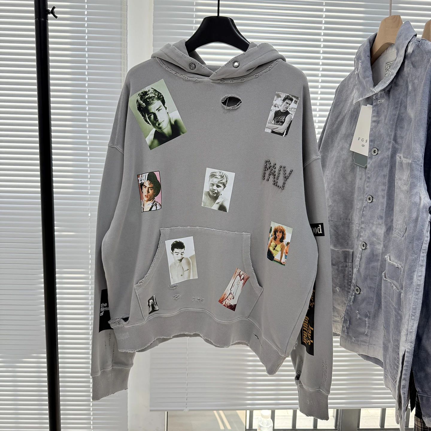 

American Retro Vintage Photo Letter Print Beaded Hole Loose Casual Hoodie Sweatirt ex Daily Wear Cotton Long Sve