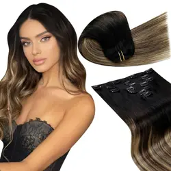 LaaVoo Clip in Human Hair Extensions Balayage Brown 7Pcs Brazilian 100% Real Extensions Remy Straight Double Weft Clip in Hair