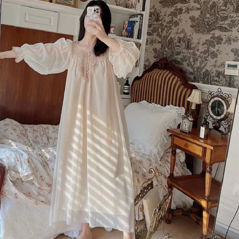 Vintage Gauze Cotton Long Nightgowns For Women Long Sleeve Elegant Princess Nightshirts Spring Summer Loose Long Nightgowns