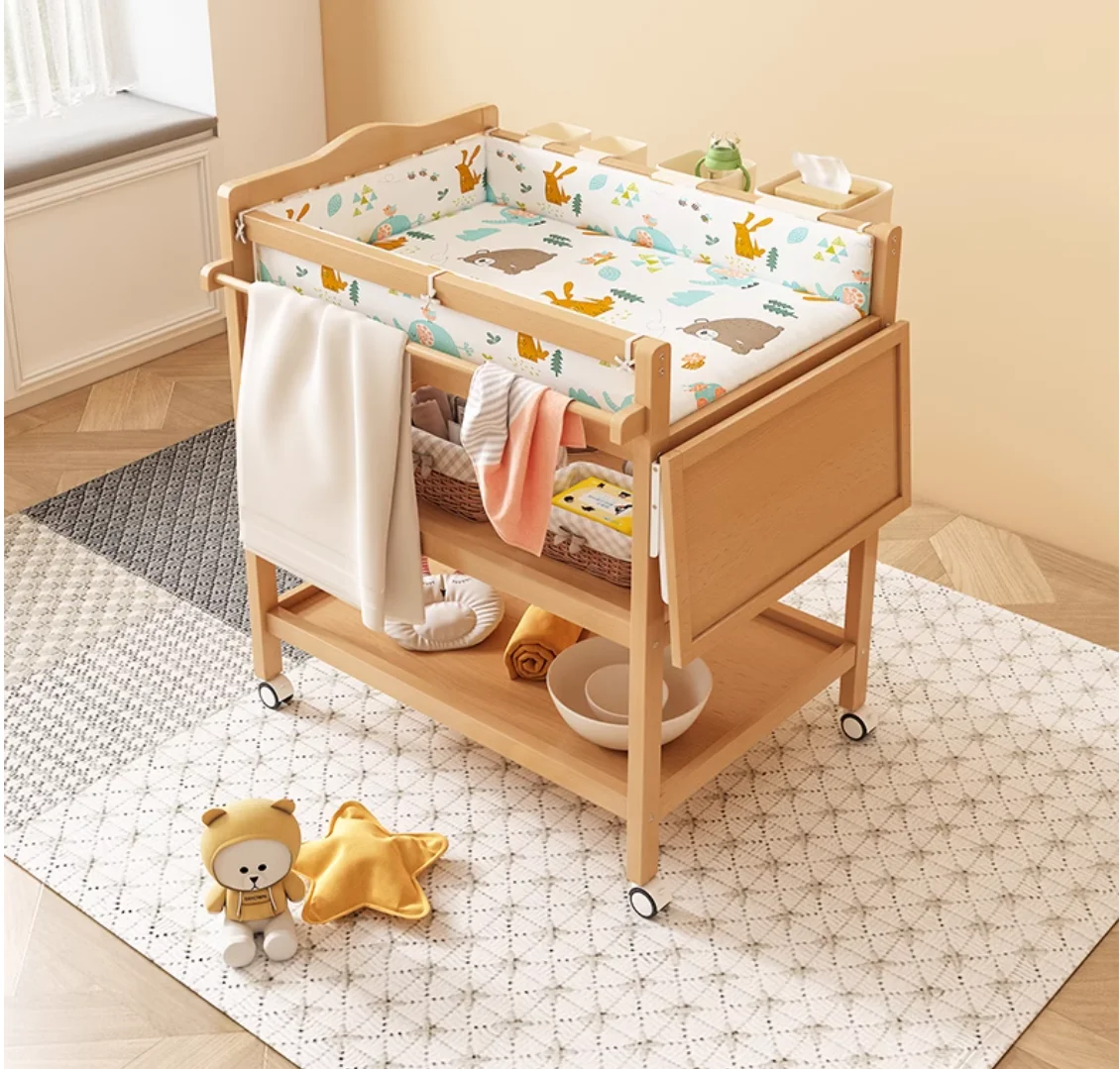 Solid wood changing table Baby care table movable press touch table multi-functional changing table for newborn babies