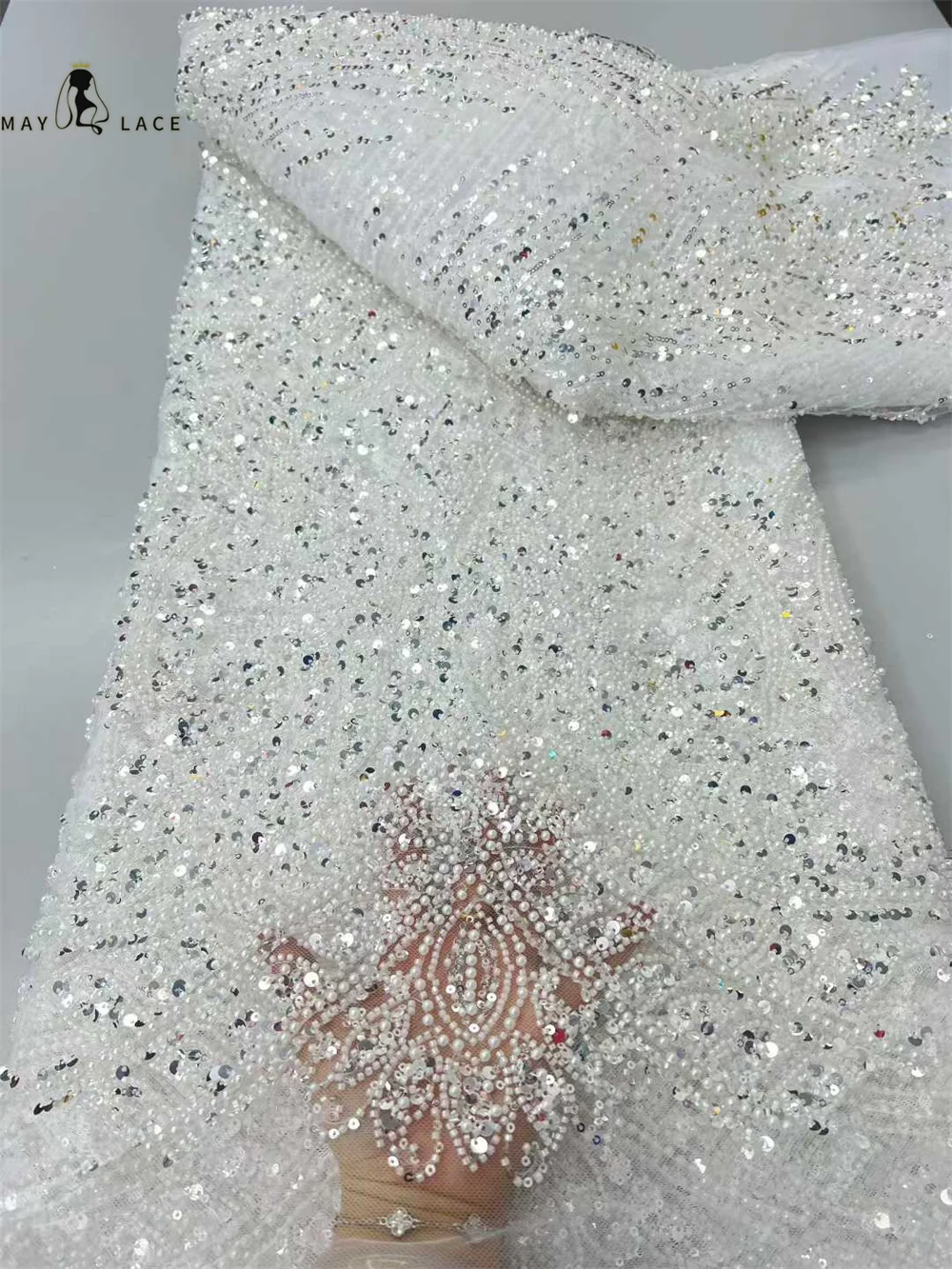 

New Design Luxury African Beaded Lace Fabric 2026 5 Yards of African Sequins Lace Fabric for Wedding Party Gown Sewing Material